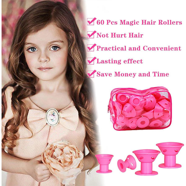 60 st Magic Silicone Hair Rollers No Clip Silikon Curlers Professionell hårstilsverktyg Tillbehör, No Heat Silikon Hårrullare (Rosa)