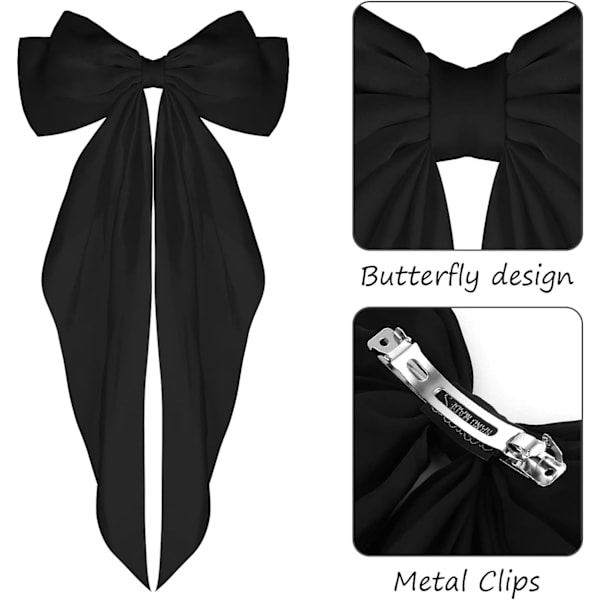 2 st stora rosetter hårklämma mjuk silkeslen satin hårklämma lång svans franska band hårnålar rosett klämmor fest accessoarer, svart+vit