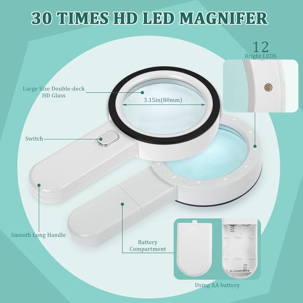 Läsglas med 12 LED-lampor, dubbelglaslins med 30x förstoring