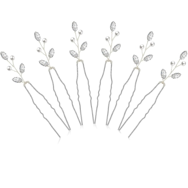 6 delar Pearl Crystal Bröllopshårnålar Vintage hårtillbehör Festhårnålar för brud, brudtärnor, blomsterflickor (silver)