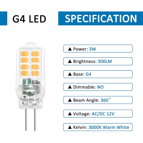 G4 LED-lampor 12V 3W, ej dimbara, 16*SMD 300LM varmvit 3000K, motsvarande 25W G4 halogenlampor, G4 LED-lampor för skåpsbelysning, 6-pack