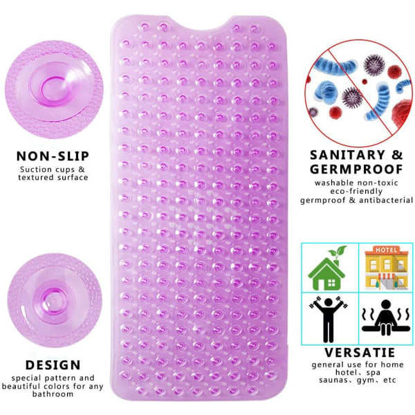 Badekar måtte 30% Ekstra Lang Bruse måtte Anti-Skridsikker Bade måtte med 200 Sug kopper, 16 x 40 tommer Transparent Purple 16 x 40 in
