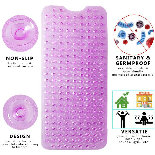 Badekarmatte 30% Ekstra Lang Dusjmatte Sklisikker Anti-Skli Badematte med 200 Sugkopper, 16 x 40 tommer Transparent Purple 16 x 40 in