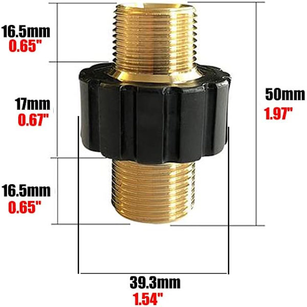 Högtryckstvättanslutning i mässing, metrisk M22 15 mm utvändig gänga till M22 14 mm invändig hål, universell