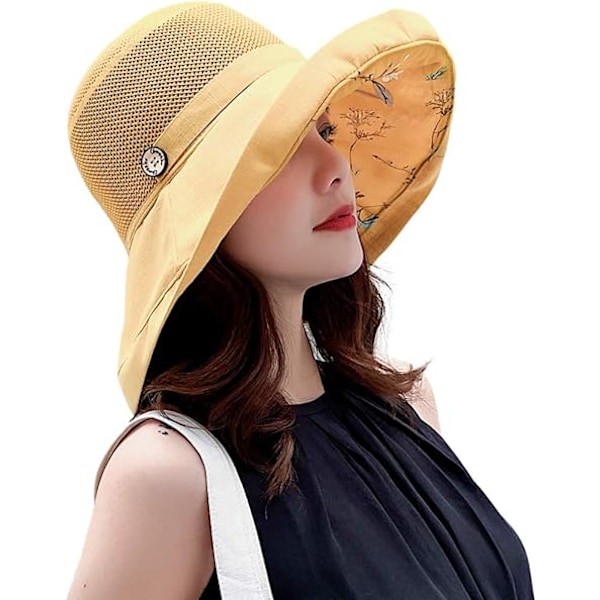 Kvinnors Mesh Solhattar Sommar Strand UV-skydd UPF Packable Bred Brätte Hakrem yellow