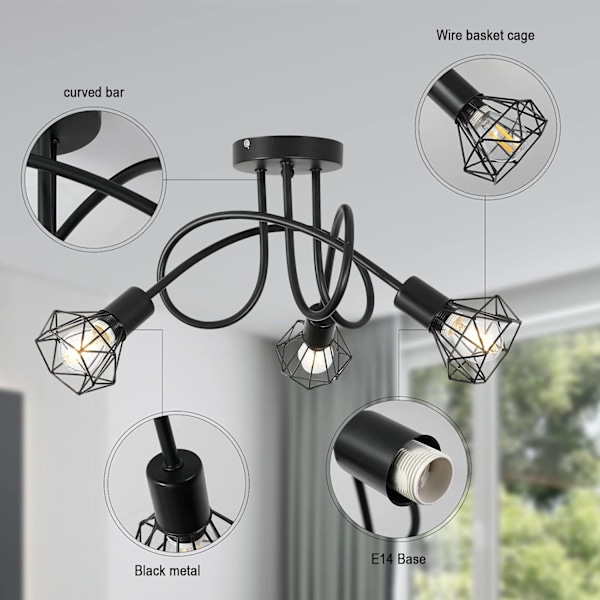 Industriell 3-veis taklampe lysekrone semi-flush mount E14 sokkel svart metall bur 3 lys taklampe (pærer ikke inkludert)