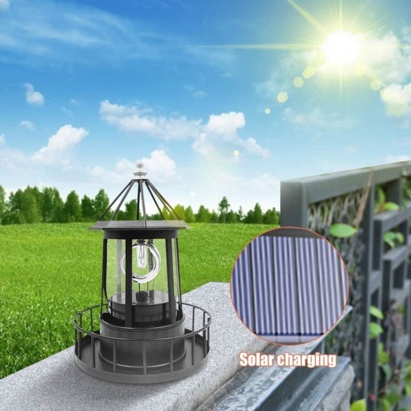 LED-solljusdriven roterande fyrfyrlampa, vattentät solcellslampa utomhus på innergården