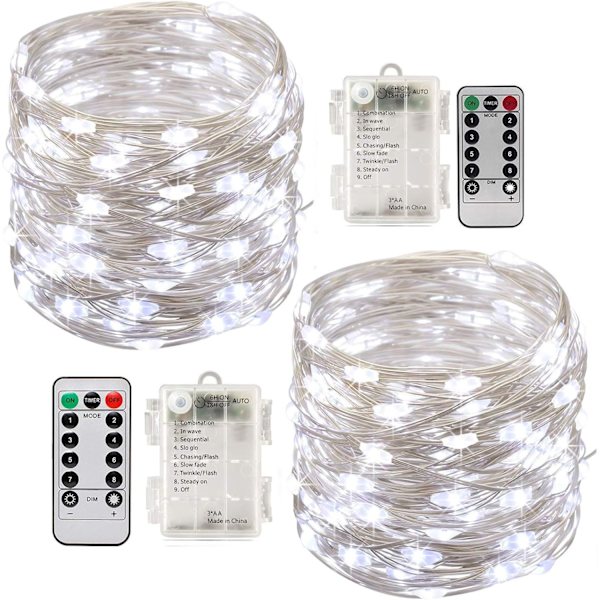 2 x 10m batteridrevne LED-lyskæder 100 LED'er timerfunktion med fjernbetjening IP65 til jul bryllupsfest hjem have White light