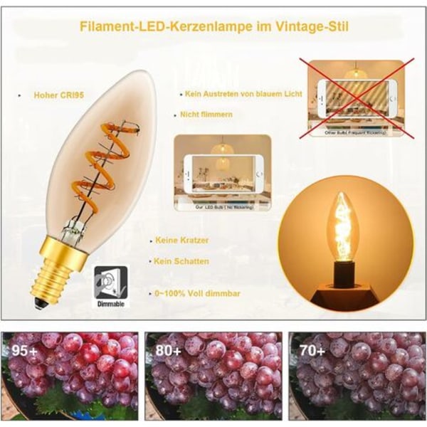 Vintage E14 Led C35 ljusglödlampa, 3W spiralglödtråd dimbar E14 LED-lampa, bärnstensfärgad glas, 2200K varmgul ledlampa, paket med 6