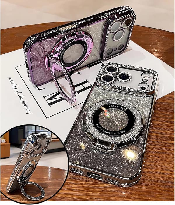 Magnetisk stativ for iPhone 18 Pro-deksel med glitter, bling og kort, svart Black iPhone18PRO