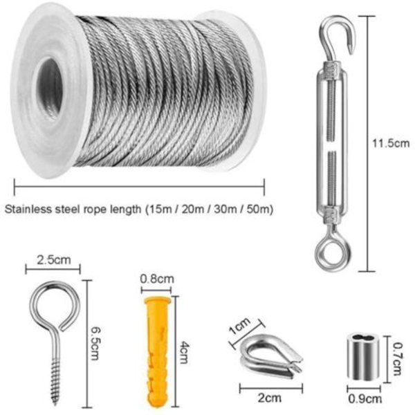 Rustfrit ståltov hængende sæt, nylonbelagt rustfrit stål kabel, PVC stål kabel spænder, til telttov, tøjline, have (30m)