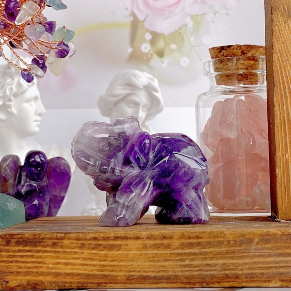 Ametist Elephant Kristaller Dekor Healing Kristallficka polerad figur 1,5" stenstaty Söt handsnidade kontorsrum Skrivbordspresent