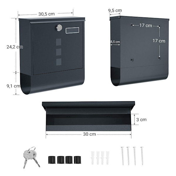 Vægmonteret Postkasse med Lås, Drejeligt Låg, Visningsvindue, Navneskilt, Avisrum, Nem Montering, 9,5x30,5x33,3cm, Antracitgrå