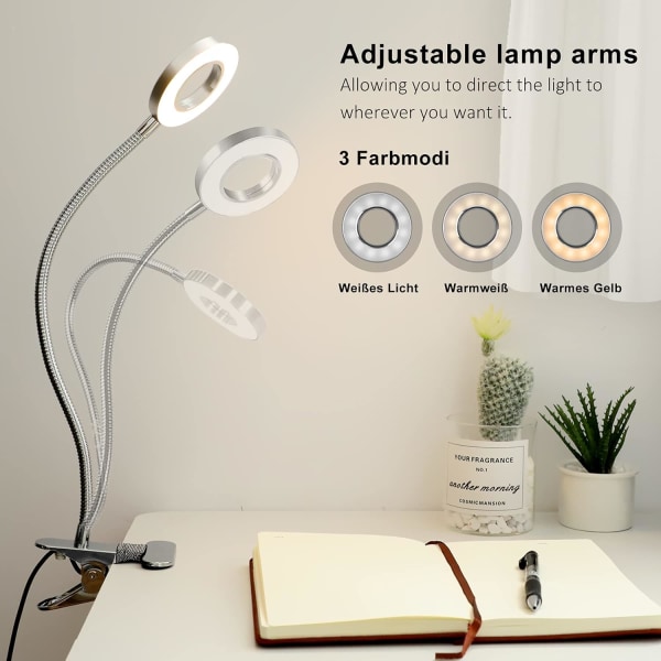 360° Fleksibel LED Klemmelampe, 3 Tilstande og 10 Lysstyrkeniveauer - Fleksibel Klemmelampe til Sengeryg, Soveværelse, Kontor 12W Sølv