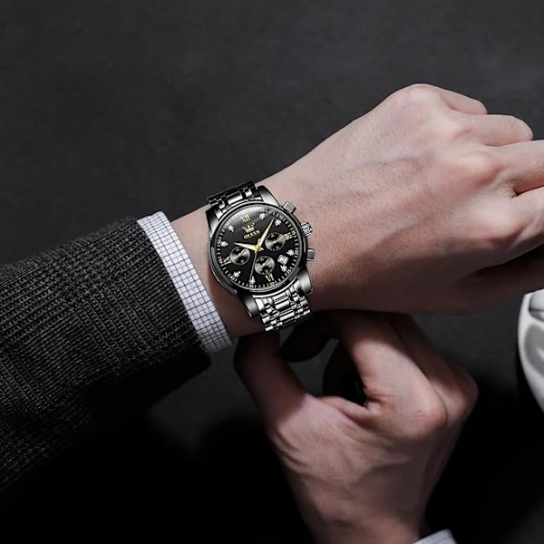 OLEVS Herre Chronograph Klokke, Vanntett Multifunksjonsurskive med Dato Diamantklokker for Menn Black Dial/Black Band