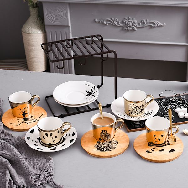 Panda mønster refleksion spejl kaffekop, guld porcelæn kaffekrus, keramisk te kop og underkop, 250ml