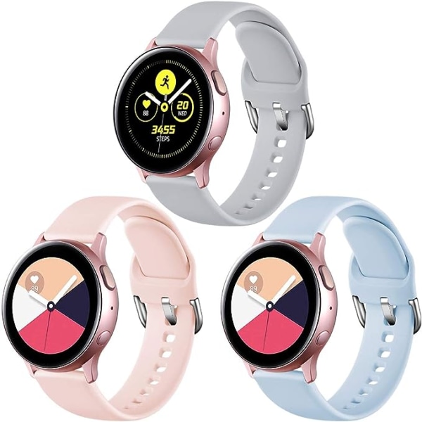 3-pack armband, kompatibel med Samsung Galaxy Watch, mjuk silikonrem, för Galaxy Watch Active/ Watch 3/Gear Sport, Rosa/Ljusblå/Grå