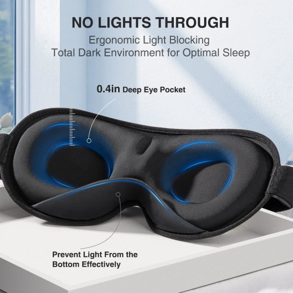 3D Eye Mask Blocking Lights Sovmask, tryckavlastande nattsömn ögonmask med justerbar rem för Travel Nap Yoga, svart