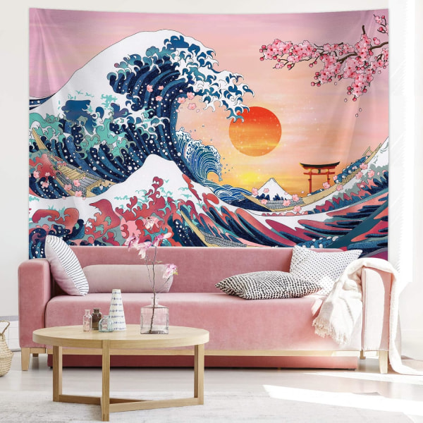 Ocean Waves Tapestry Sunset Tapestry Kanagawa Japansk Väggbonad Körsbärsblomma Natur Bakgrund Tapestry Bred Vågbild (59 x 78,7 Tum)