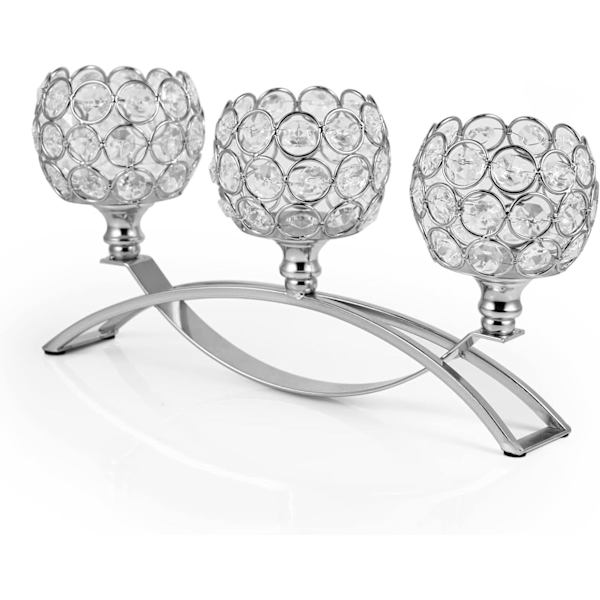 3-armade kristalljusstakar, bågformade kristalljusstakar för bröllop, middag med levande ljus, dekorativt hem, silver