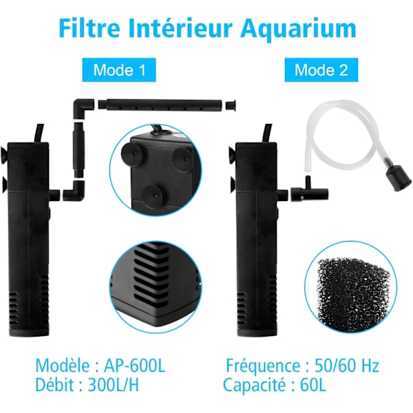 4W 300L/H Vandstrøms Akvarium Filter Indvendigt Filter til 60L Akvarium Filterpumpe med Filter Svampe til Fisk