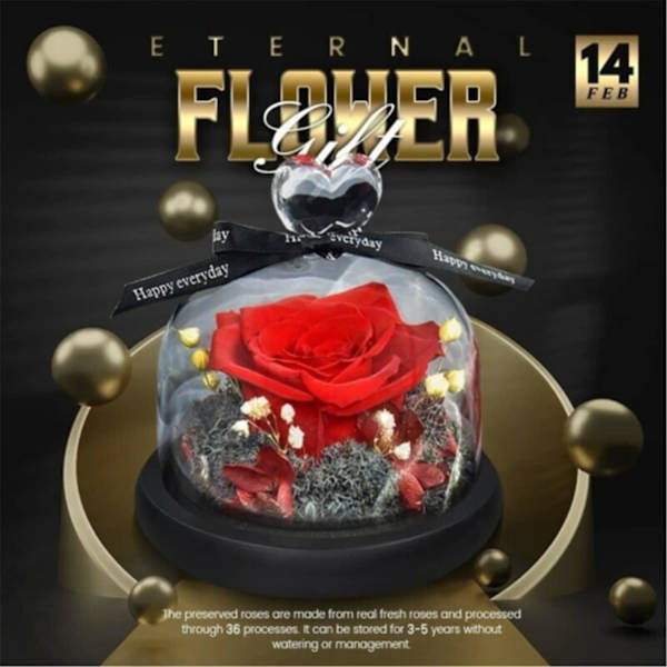 Evig ros i glas, bevarad ros med hjärtdesign i glas, konstgjorda blommor