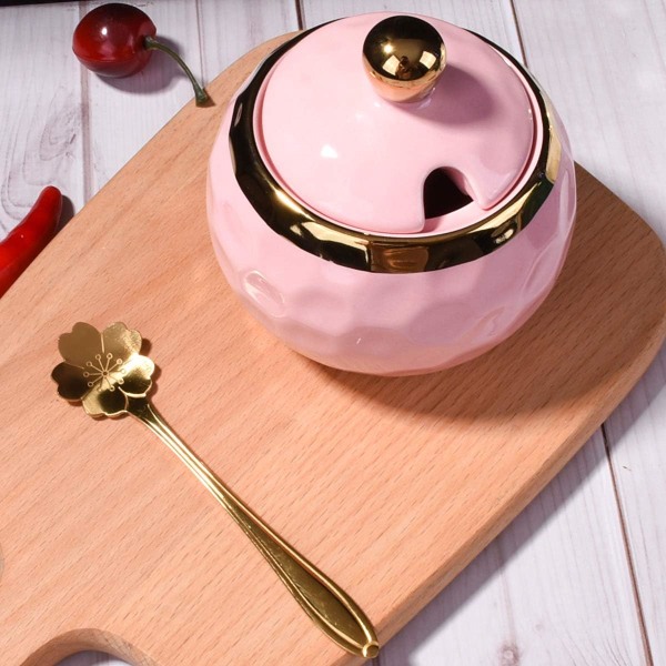 Keramisk sockerskål, golfformad, keramisk sockerskål med lock och gyllene sked för hem och kök (rosa)