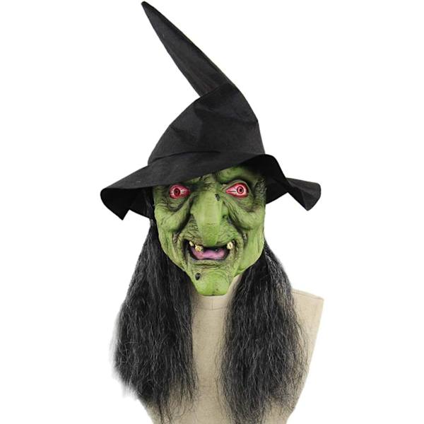 Halloween Grøn Heks Maske Uhyggelig Horror Cosplay Kostume Latex Troldmand Maske