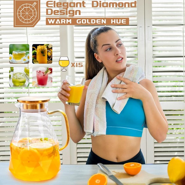 Glas vandkande, 2,2 liter / 74 oz glaskande med tæt låg, til varmt/koldt vand, is-te og juice