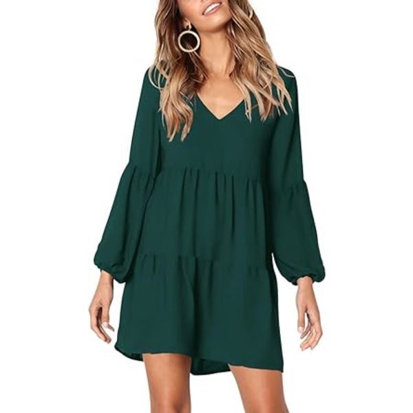 Kvinder sommer tunika kjole V-hals afslappet løs flydende swing Shift kjoler Green L