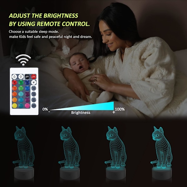 Kat Natlampe til Børn, 3D Sengelampe Kitty Illusion Natlampe LED Fjernbetjening 16 Farveskift, Soveværelsesindretning