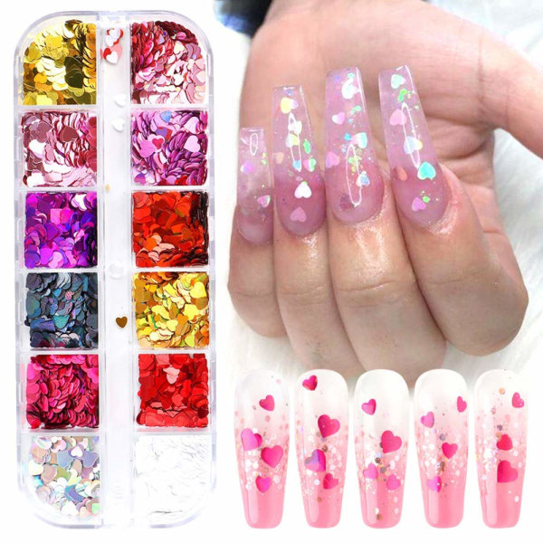 3D Hjärtformade Glitter Sequins för Naglar - Alla hjärtans dag - Dekaler för Naglar - Kärleksglitter
