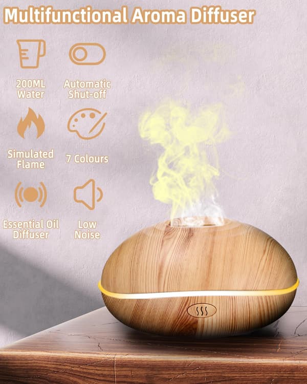 Essential Oil Diffuser, 200ML 7 Farver Essential Oil Diffuser med Flammeeffekt, Støjsvag Luftfugter