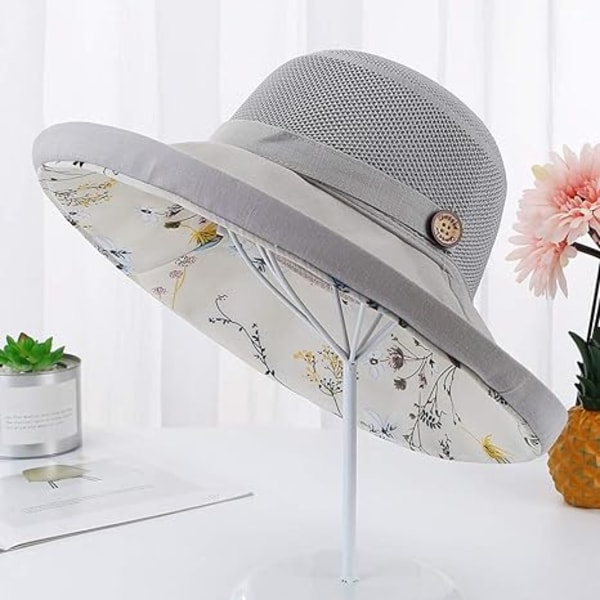 Kvinners Mesh Solhatter Sommer Strand UV Beskyttelse UPF Pakkbar Bred Brede Hakesnor gray