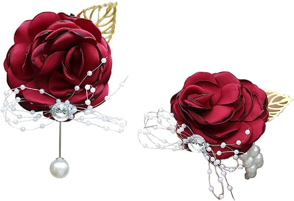 2-pack handledsblommor och corsager, vinröda ros-corsager och handledsblommor, bröllops-handledsblommor corsager