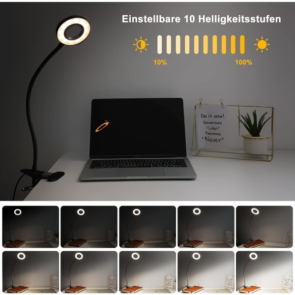 360° flexibel LED Clip Light - 3 lägen & 10 dimningsnivåer - För sänggavlar, sovrum, kontor - 12W - Med CE-adapter - Svart