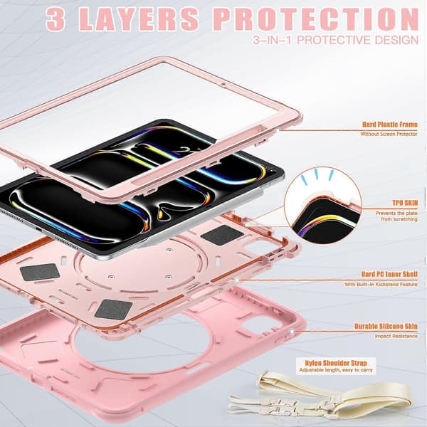 Fodral för iPad Pro 11 (2024) med axelrem, stativ, PC+Silikon+TPU Tablettskydd