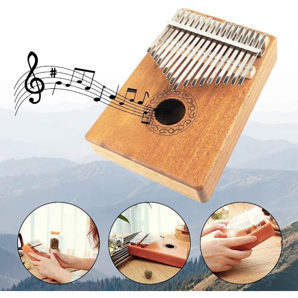 Kalimba 17 tangenter tummepiano med studiebeskrivning och stämsticka, fingermarimba-instrument