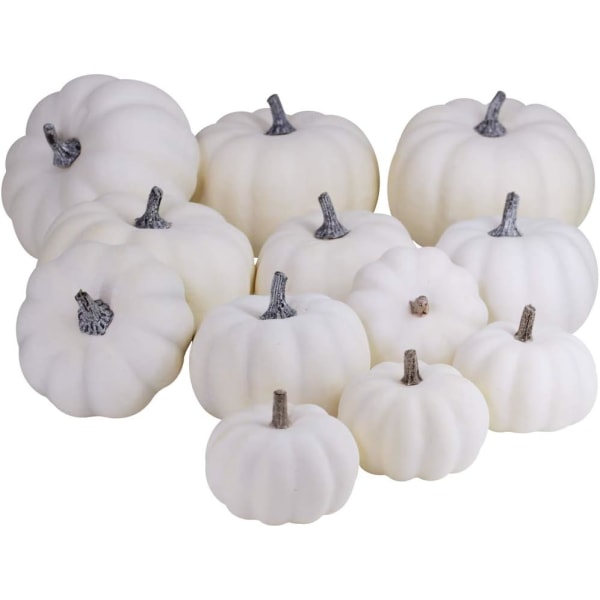 12 st olika storlekar Rustik skörd vita konstgjorda pumpor för Halloween, höst Thanksgiving dekoration