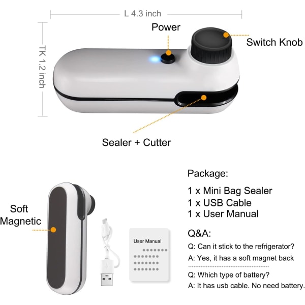 Mini Bag Sealer, 2 i 1 USB uppladdningsbar värmeförseglare och skärare, Mini Chip Bag Sealer värmeförsegling med mjuk magnet