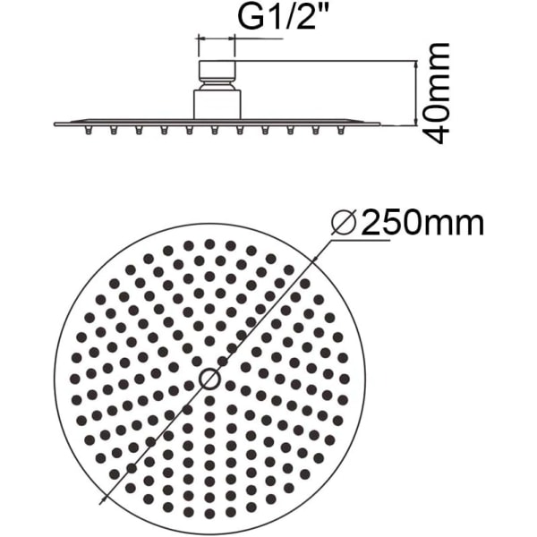 Dusjhode i rustfritt stål, 25 cm dusjhode, universal regndusjhode 1/2\" gjenger