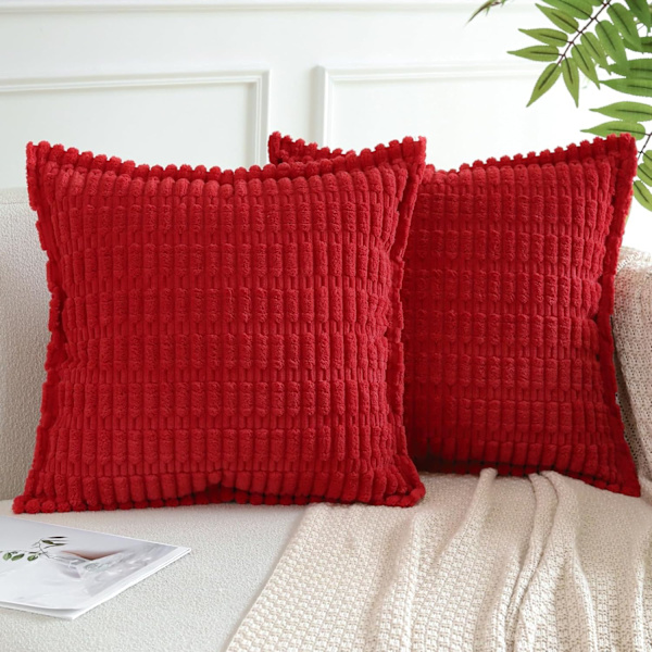 Kuddfodral set om 2 i sammet, dekorativt fyrkantigt randigt örngott med sydda kanter, kuddfodral 50 x 50 cm Red