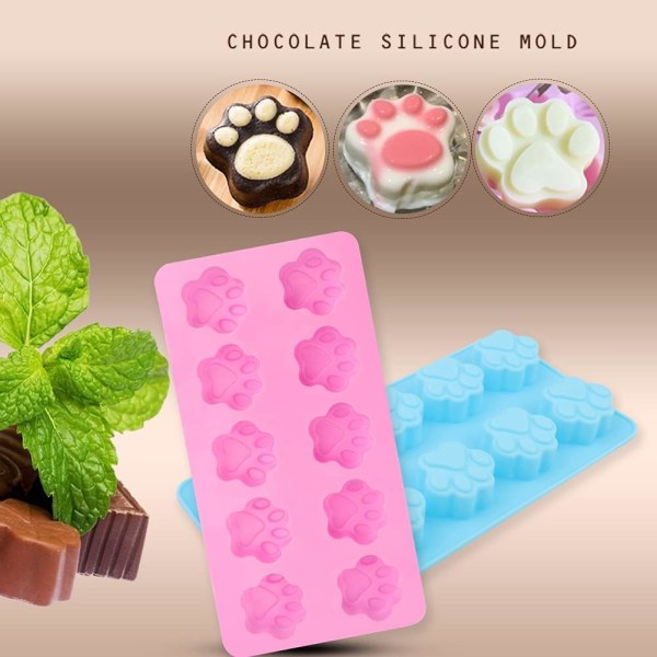 2-pack Paw Silikonformar, 10 Håligheter Choklad Paw Form Hund Silikonform Återanvändbar Valp Katt Paw Isbitformar DIY Bakverk Verktyg för Pudding