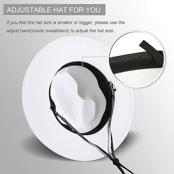 Kvinnor Bred Brätte Halm Panama Rulla upp Hatt Bälte Spänne Fedora Strand Solhatt för kvinnor UPF50+ White