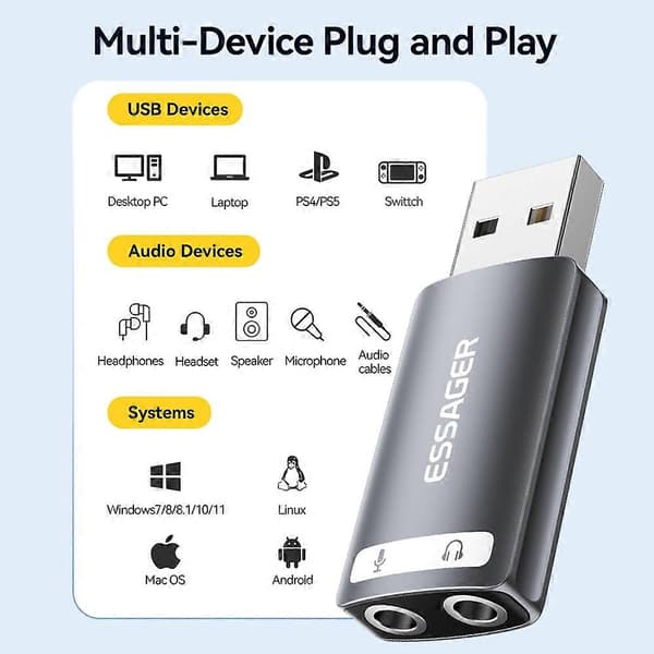 ESSAGER USB til Dobbel 3.5mm Audio Adapter Headset Ekstern Stereo Lydkort Konverter