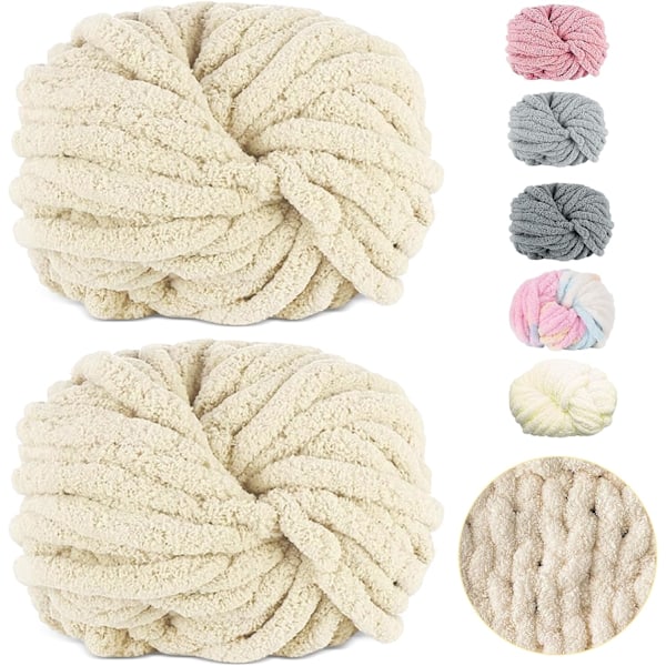 500g (250gx2) Chunky Garnboll ca 54m Chenille Chunky Pälsgarn Mjuk Ull Chunky Garn Mjuk Stickgarn för Virkade Filtar Halsdukar Hattar beige
