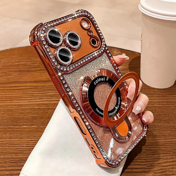 Magnetisk stativ for iPhone 18 Pro-deksel med glitterkort, myk TPU-støtfanger med diamanter, oransje Orange iPhone18PRO