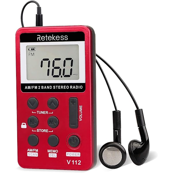 Retekess V112 AM FM Bärbar Fickradio Digital Inställning Stereo Volym med Hörlurar Laddningsbart Batteri för Promenader Gym (Röd)