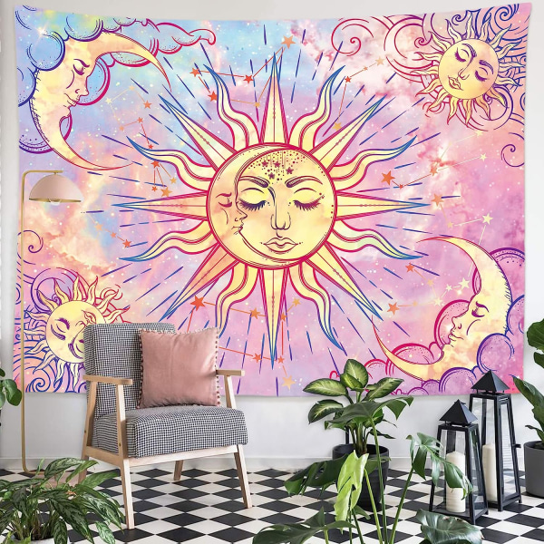 Pastel Pink Tapestry Burning Sun Tapestry Mystic Tapestry Celestial Sun and Moon with Stars Tapestry