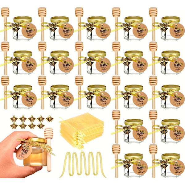 20-pack minikrukor i glas med honungsdipper - Perfekt för babyshower och bröllopsdekorationer - Guldlock, bihängen, band - Inklusive presentpåsar
